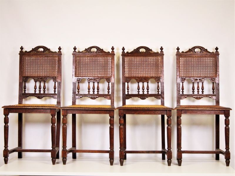 4 Antieke stoelen met webbing en hout - Victoriaanse stijl
